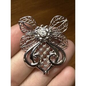 Silvertone Angel Brooch Clear Rhinestones "Faith Jewelry" Collection Signed Jane